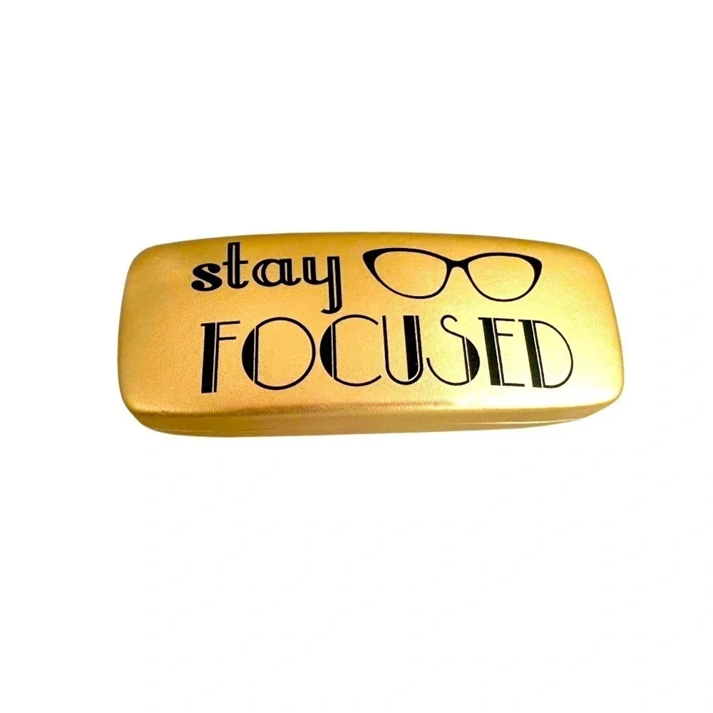 Gold Eyeglass Case with Black Text “ STAY FOCUSED”